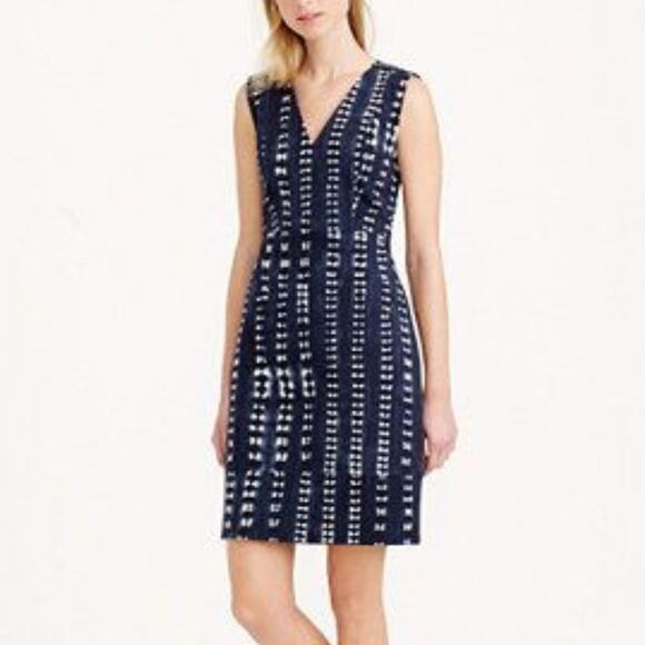J. Crew Dresses & Skirts - J. Crew Navy Blue Tie Dye Print Woven Canvas 100% Cotton V-neck Sheath Dress